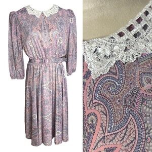 Vintage pastel pink grey paisley granny church teacher secretary dress, M